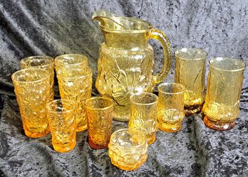 Vintage Amber Daisy Glass Pitcher And Glasses