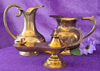 Trio Of Vintage Brass Pitchers And Genie Lamp