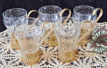 Vintage Set Of 5 Brass And Glass Turkish Coffee Cups