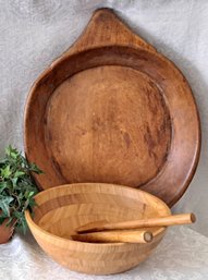 Vintage Wood Dough Bowl And Bamboo Salad Bowl With Utensils