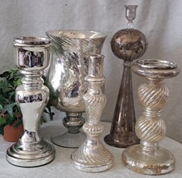 Mercury Glass Candlesticks And Vase