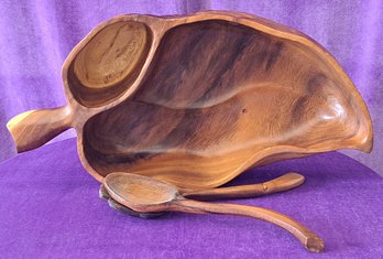Great Hand Carved Wooden Salad Bowl And Utensils