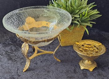 Antique Brass Sensor And Crackled Glass Bowl With Brass Stand