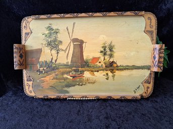 Vintage Hand Painted, Signed Wooden Tray From Holland