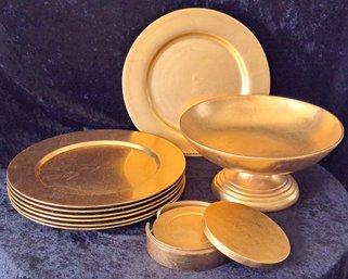 Gold Leaf Chargers And Coasters Plus Gold Decorative Bowl And Platter