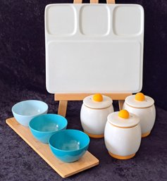 Fun Trio Of Canisters, Serving Bowls On Bamboo Tray And White Ceramic Serving Platter