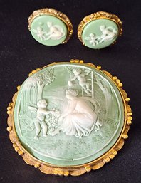 Vintage Celluloid Cherub Angel Cameo Brooch And Earring Set