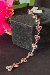 NWT Sterling And Heart Shaped Lab Ruby Bracelet With Diamond Accents