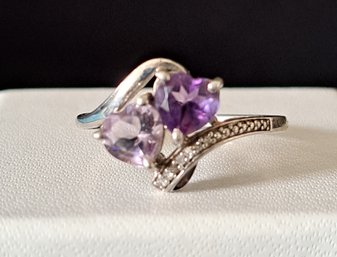 Double Heart Sterling And Amethyst Ring