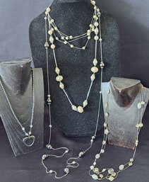 Collection Of Silver Tone, Black, White & Faux Pearl Necklaces