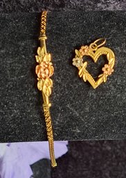 Vintage 14K Tri- Color Gold Flower Pendant And Bracelet Set