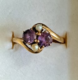 Vintage Ring In 10K Gold, Purple Sapphires And Pearls