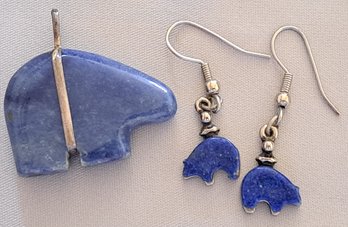 Sodalite Spirit Bear Pendant And Lapis Covered Silver Tone Earrings