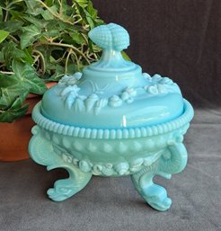 Vintage Westmorland Blue Satin Glass Argonaut Dolphin Covered Candy Dish