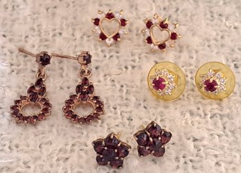 3 Pairs Of Garnet And 1 Pair Of Ruby Earrings Set In Yellow Gold