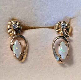 Vintage 14K Gold, Opal And Diamond Earrings