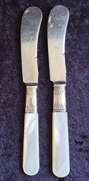 2 Antique Sterling Butter Knives With Pearl Handles
