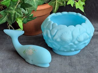 Fenton Water Lily Rose Bowl And Fenton Blue Satin Glass Whale