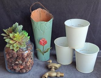 Brass Duck Spigot, Metal Pots And A Glass Jar Faux Terrarium