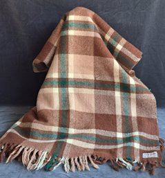 Vintage Wool Blanket In Brown And Green Plaid