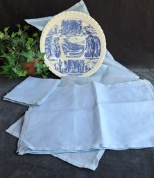 Vintage Pale Blue Lawn Fabric Linens And Collector Plate