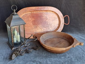Copper Like Tray, Wooden Dough Bowl, Lantern And Vintage Cast Iron Coat Hook
