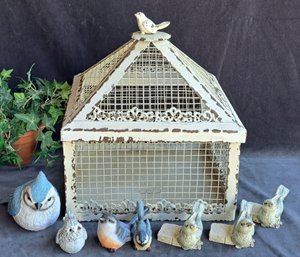 Distressed Look Metal Faux Birdcage And Assorted Bird Figurines