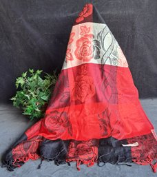 Beautiful Red, Black And Cream Pashmina And Silk Scarf