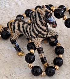 Stunning Vintage Cloisonne Zebra Necklace Onyx Beads