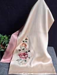 Chinese Suzhou Style Peonies Hand Embroidered Silk Scarf