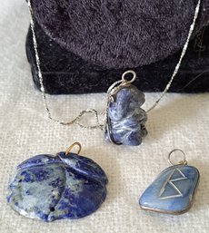 Trio Of Lapis Pendants And 30' Sterling Twisted Herringbone Chain