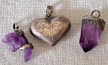 Sterling Heart Pendant, Amethyst Dolphin Pendant, And Amethyst Crystal Pendant