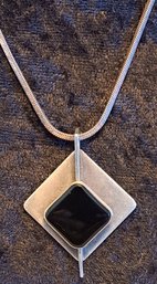 Stunning Vintage Geometric Shaped Sterling & Onyx Pendant And Sterling Triangle Herringbone 18' Chain