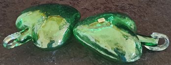 Two Handblown Green Art Glass Hearts From Mexico