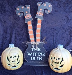 2 Lighted Skull Pumpkins And ' The Witch Is In ' Decor