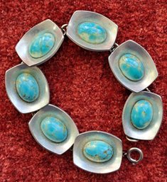 Vintage Jorgen Jensen Mid Century Modernist Pewter Bracelet Signed By Artist With Cabochon Turquoise Stones