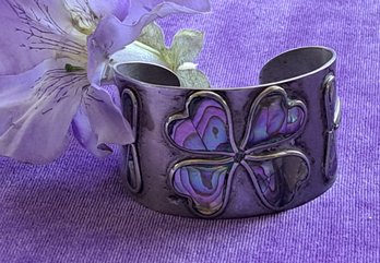 Silver Cuff With Abalone Flowers Made In Mexico