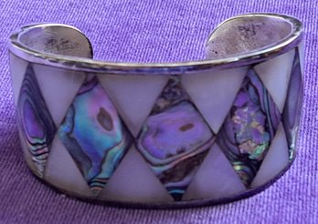 Vintage Abalone And Mother Of Pearl Harlequin Style Cuff Bracelet From Mexico