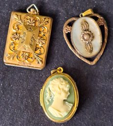 Trio Of Vintage/ Antique Pendant Lockets Including Cameo And MOP