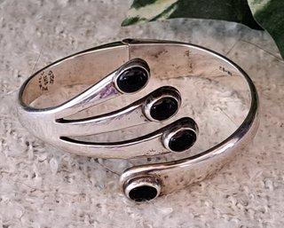 Amazing Sterling Silver And Onyx Modernist Clamper Bracelet Mexico