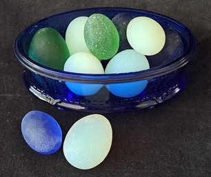 Antique Dark Blue Footed Glass Dish With Glass Eggs