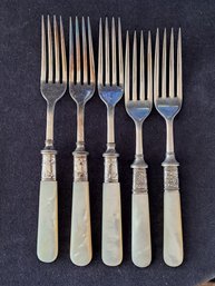 5 Antique Landers Frary & Clark Forks With MOP Handles Marked Sterling