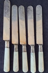5 Antique Landers Frary & Clark Knives With MOP Handles Marked Sterling