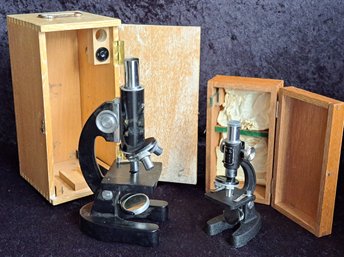 Pair Of Vintage Microscopes In Wood Boxes
