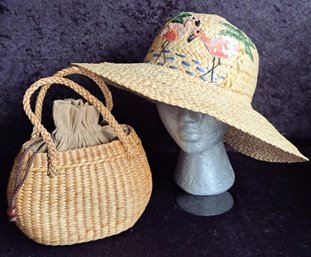 Women's Summer Straw Tote Drawstring Bag And Straw Hat