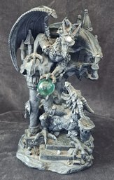 Two Dragons Fighting Over Crystal Ball On Castle Resin Statue