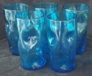 Set Of Five Vintage BLENKO Blown Glass Pinched Or Dimpled Tumblers Electric Blue