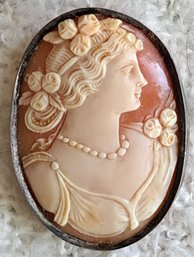 Antique/ Vintage Carnelian Shell Cameo Brooch Set In Sterling