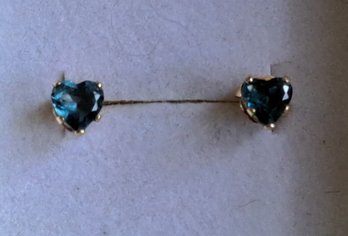 14k Gold And Blue Stone Heart Shaped Earring Studs