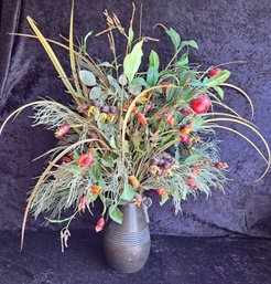 Fabulous Faux Flower Fruit And Greenery Arrangement In Pottery Vase
